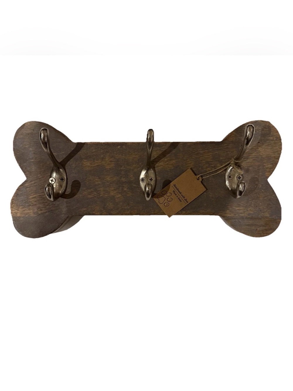 Rustic Wood Bone-Shaped Wall Mount Dog Leash 3 Hook, Brown. NWT-Handmade